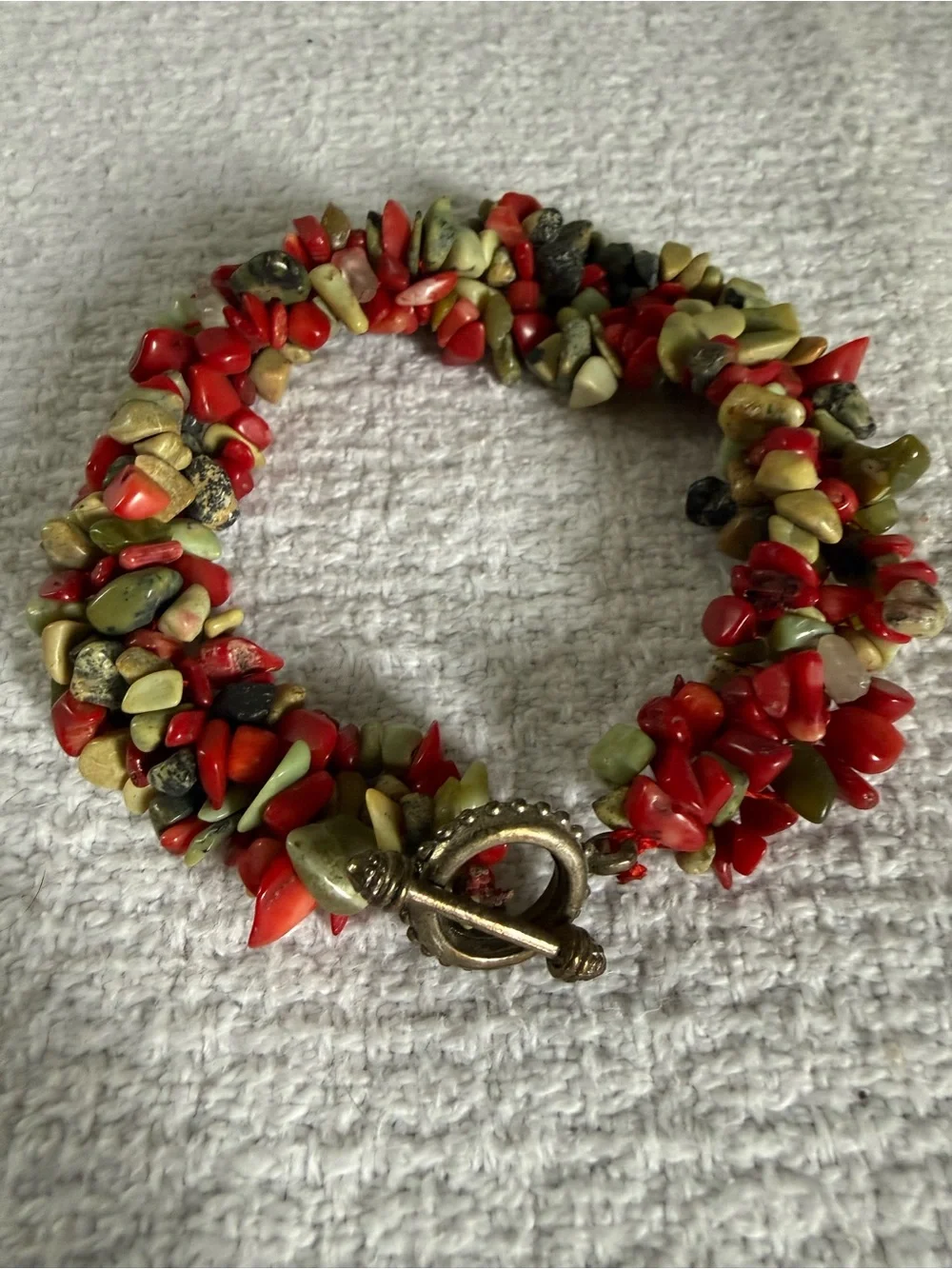 Multicolor Red & Green Chip Bead Bracelet with Toggle Clasp